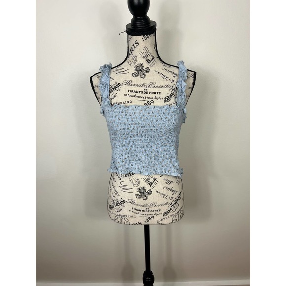 NWOT Mable Light Blue Floral Ruffle hem Wide strap Ruched Crop Top - Picture 3 of 10